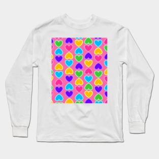 Bright Colourful Hearts on a Vibrant Pink Background Long Sleeve T-Shirt